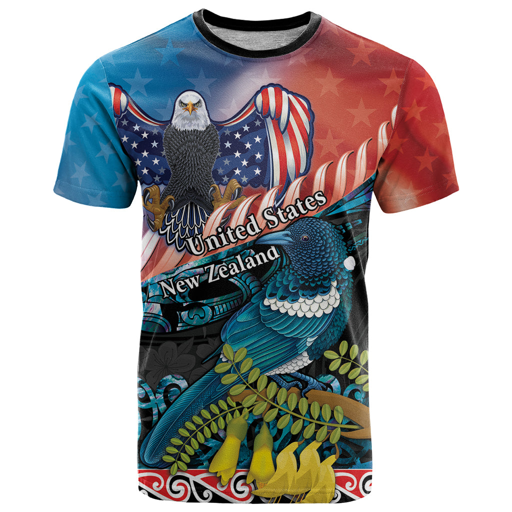 Personalised United States And New Zealand T Shirt USA Eagle With Kowhai Aotearoa Tui Bird - Vibe Hoodie Shop