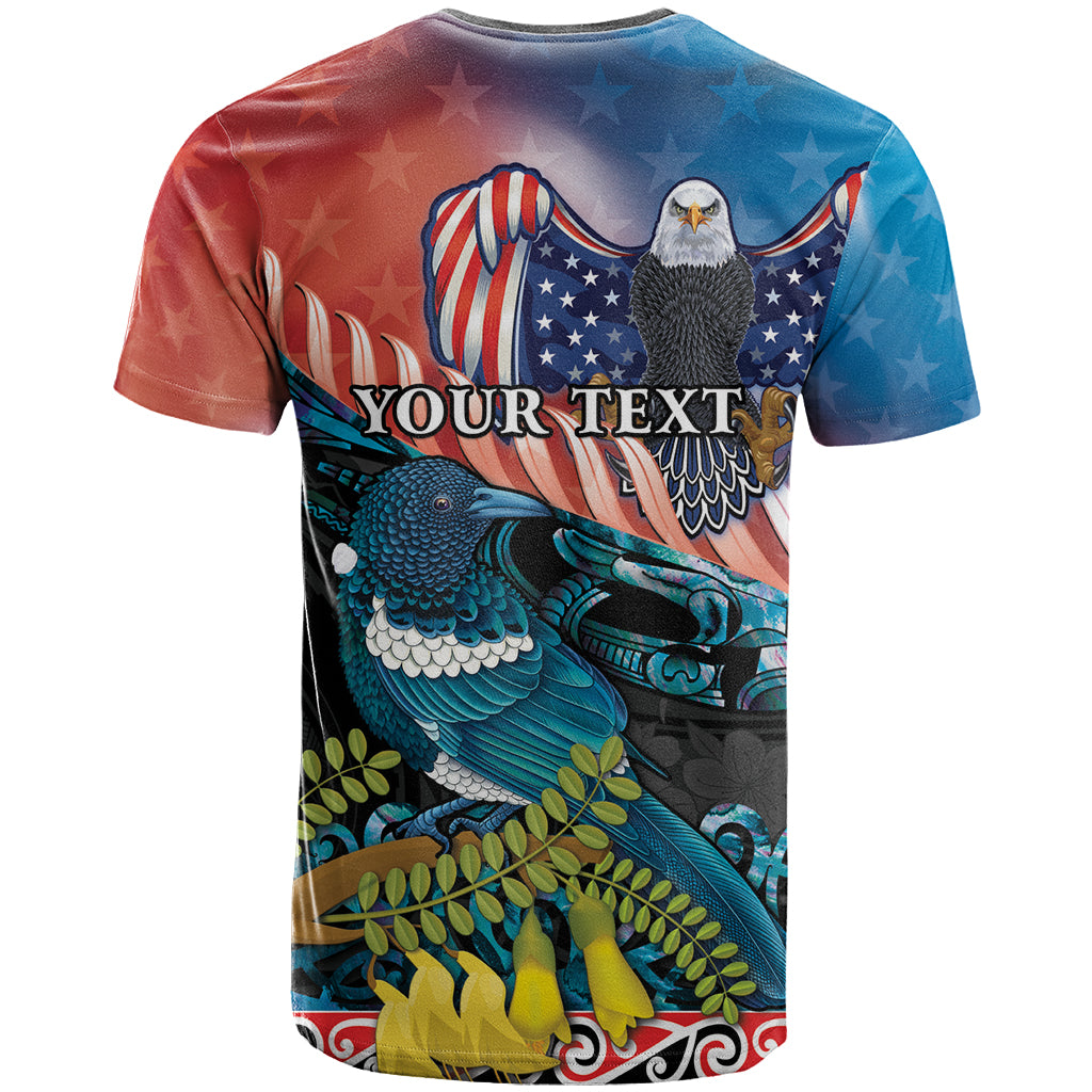 Personalised United States And New Zealand T Shirt USA Eagle With Kowhai Aotearoa Tui Bird - Vibe Hoodie Shop