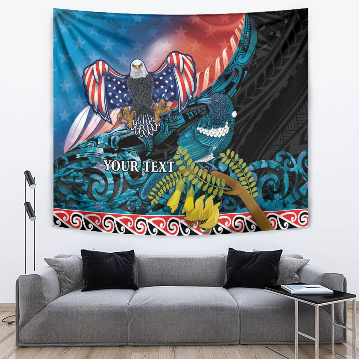 Personalised United States And New Zealand Tapestry USA Eagle With Kowhai Aotearoa Tui Bird - Vibe Hoodie Shop