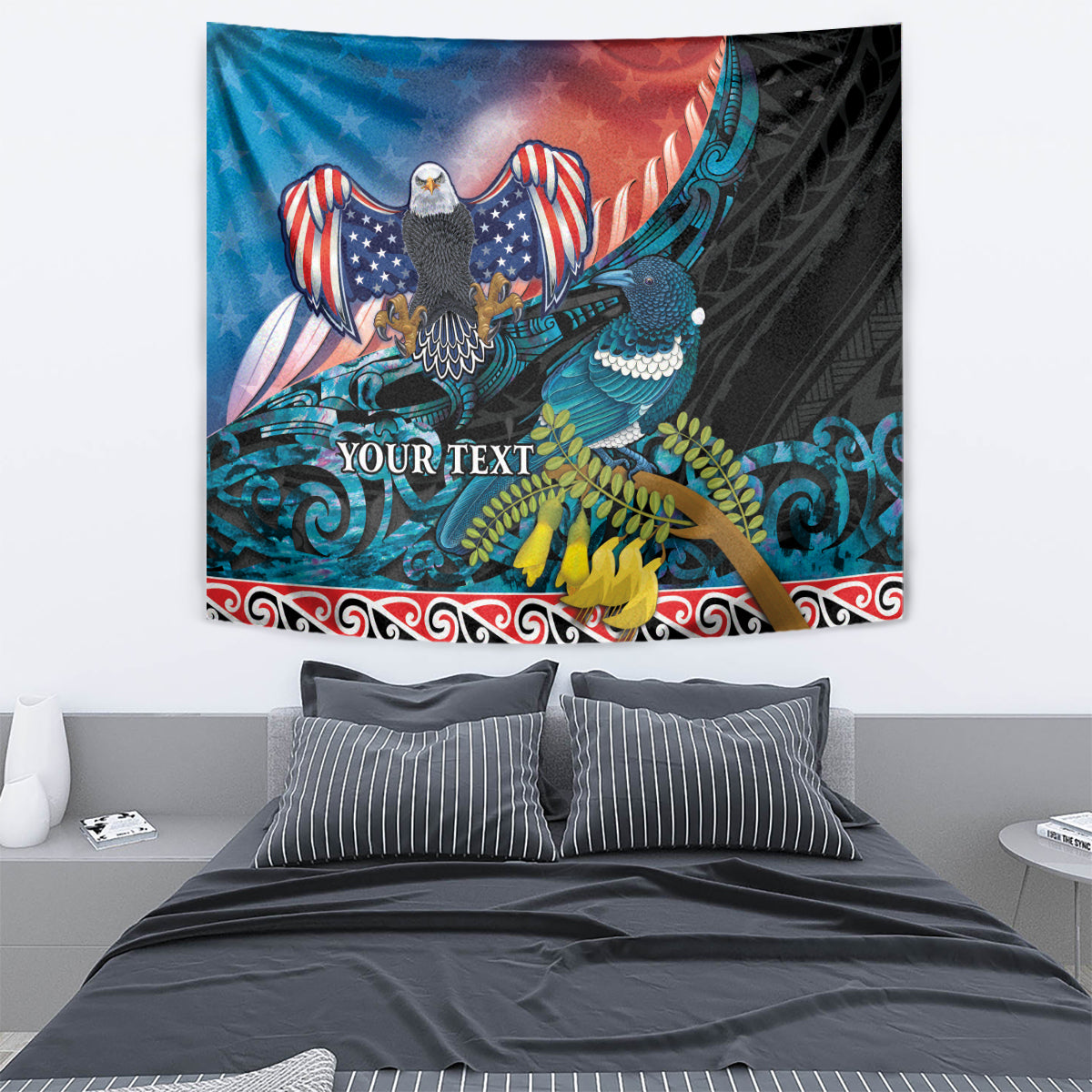 Personalised United States And New Zealand Tapestry USA Eagle With Kowhai Aotearoa Tui Bird - Vibe Hoodie Shop