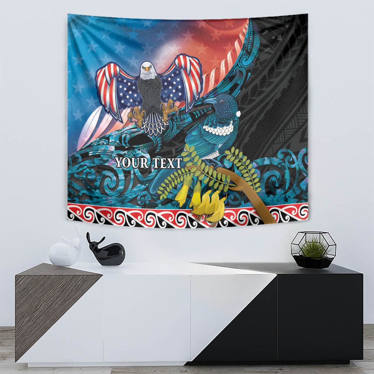 Personalised United States And New Zealand Tapestry USA Eagle With Kowhai Aotearoa Tui Bird - Vibe Hoodie Shop