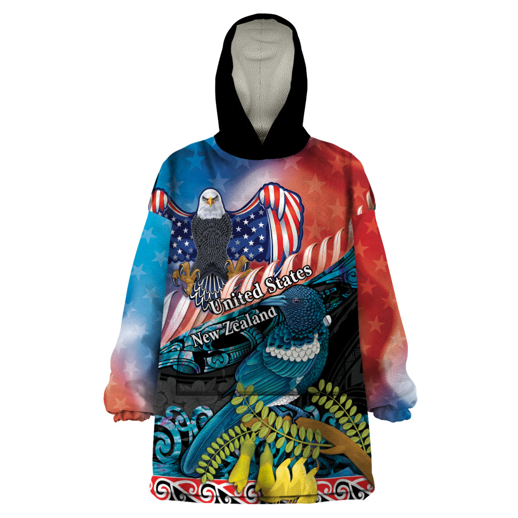 Personalised United States And New Zealand Wearable Blanket Hoodie USA Eagle With Kowhai Aotearoa Tui Bird - Vibe Hoodie Shop