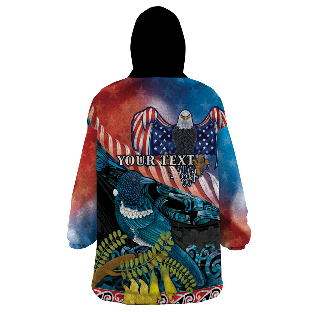 Personalised United States And New Zealand Wearable Blanket Hoodie USA Eagle With Kowhai Aotearoa Tui Bird - Vibe Hoodie Shop