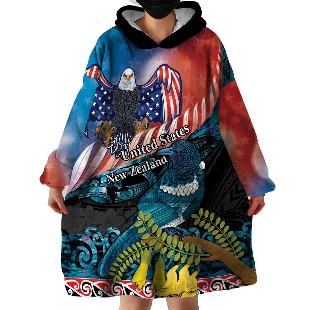 Personalised United States And New Zealand Wearable Blanket Hoodie USA Eagle With Kowhai Aotearoa Tui Bird - Vibe Hoodie Shop