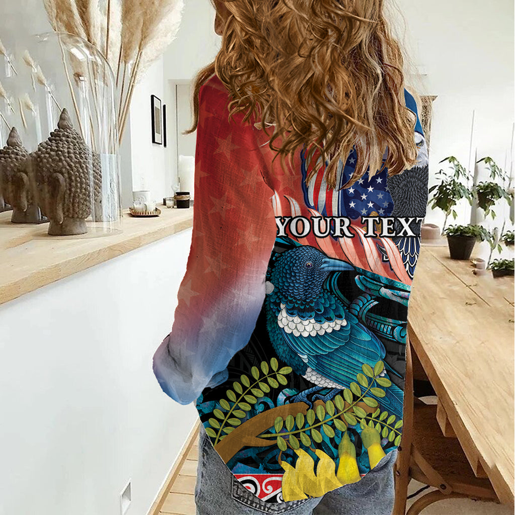 Personalised United States And New Zealand Women Casual Shirt USA Eagle With Kowhai Aotearoa Tui Bird - Vibe Hoodie Shop