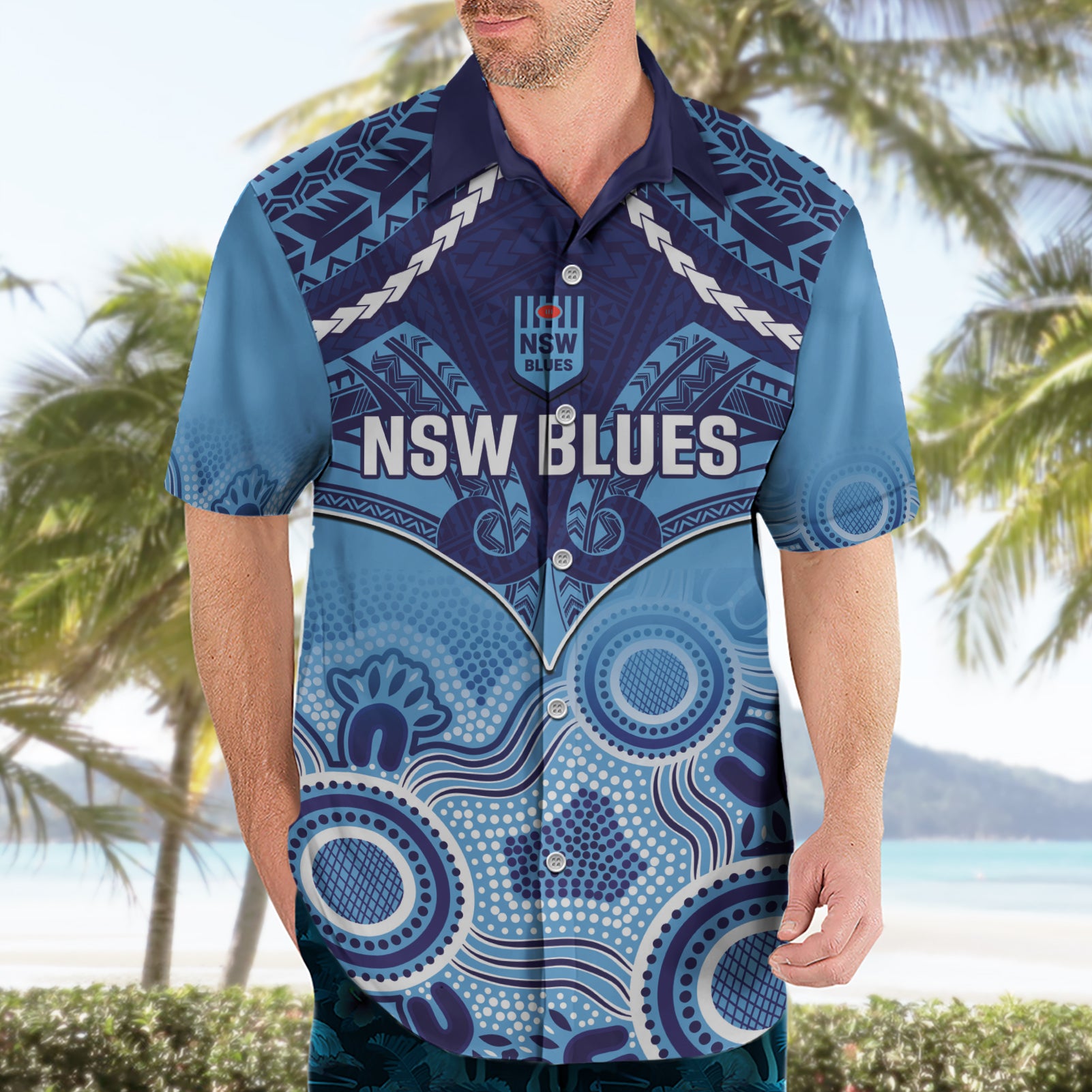 Custom NSW Blues Rugby Hawaiian Shirt Aboriginal Mix Polynesian Pattern - Vibe Hoodie Shop
