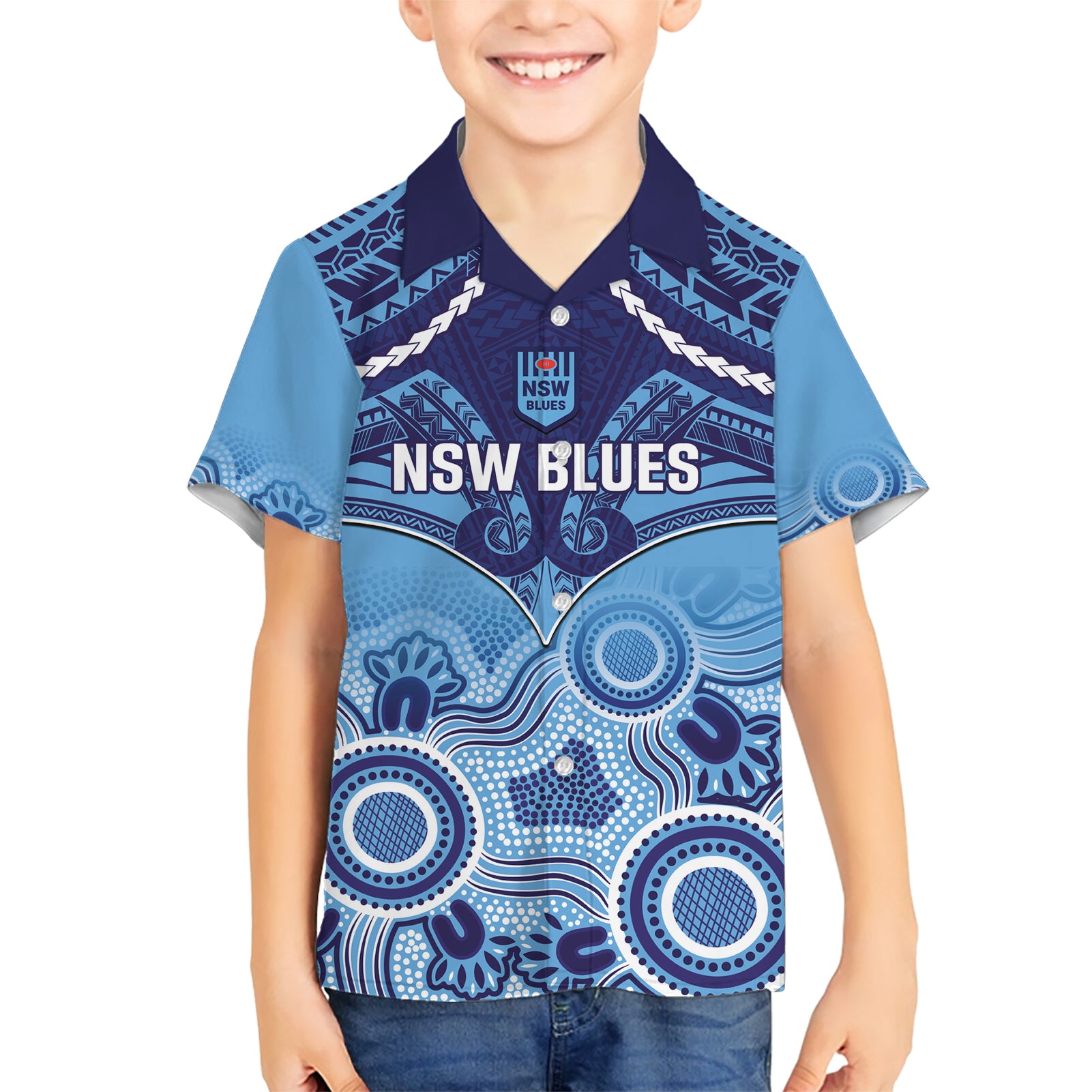 Custom NSW Blues Rugby Hawaiian Shirt Aboriginal Mix Polynesian Pattern - Vibe Hoodie Shop