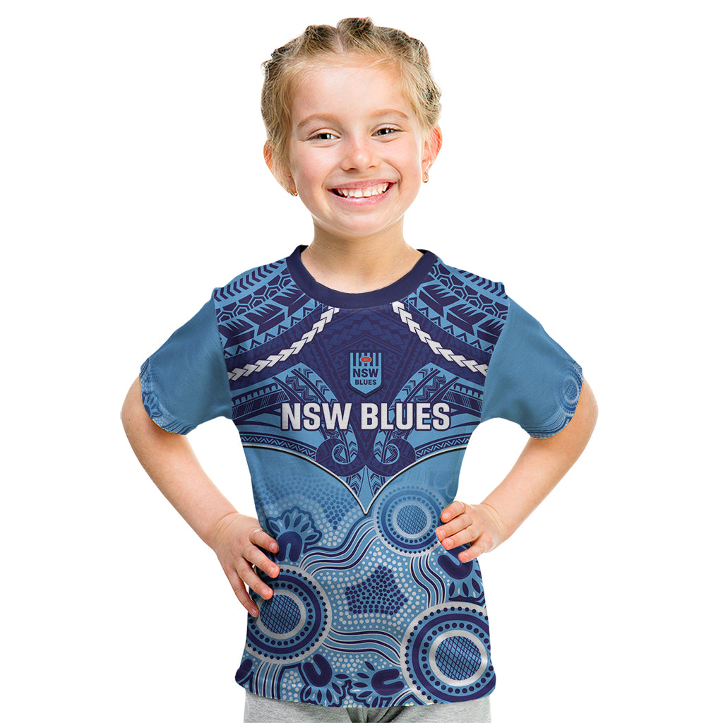 Custom NSW Blues Rugby Kid T Shirt Aboriginal Mix Polynesian Pattern - Vibe Hoodie Shop