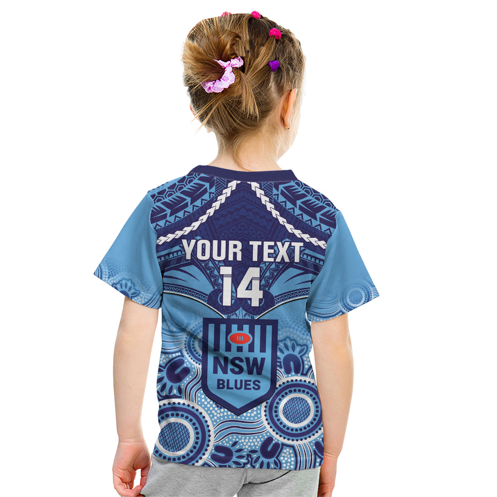 Custom NSW Blues Rugby Kid T Shirt Aboriginal Mix Polynesian Pattern - Vibe Hoodie Shop