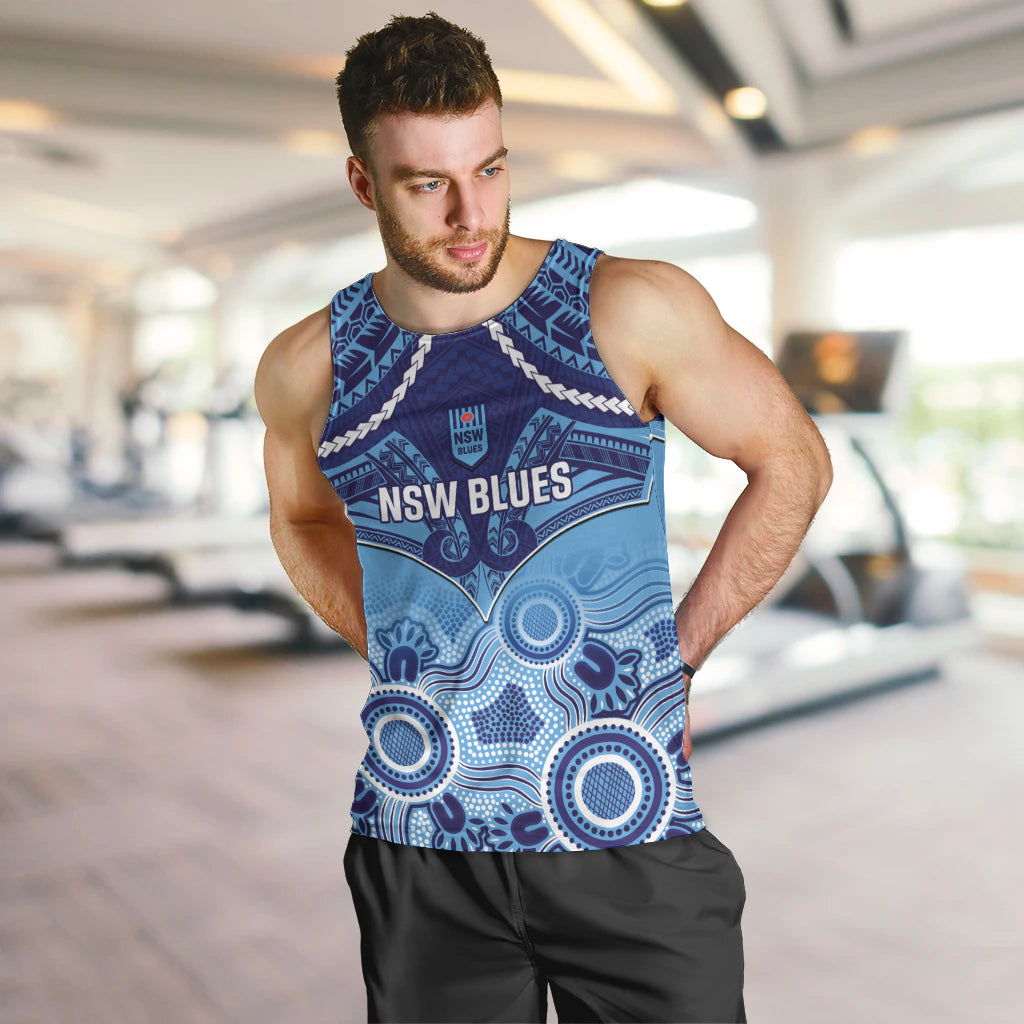 Custom NSW Blues Rugby Men Tank Top Aboriginal Mix Polynesian Pattern - Vibe Hoodie Shop