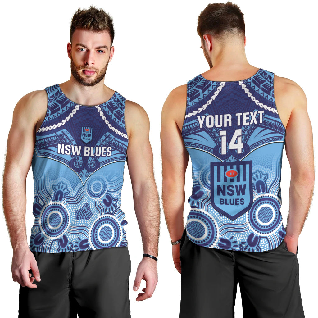 Custom NSW Blues Rugby Men Tank Top Aboriginal Mix Polynesian Pattern - Vibe Hoodie Shop