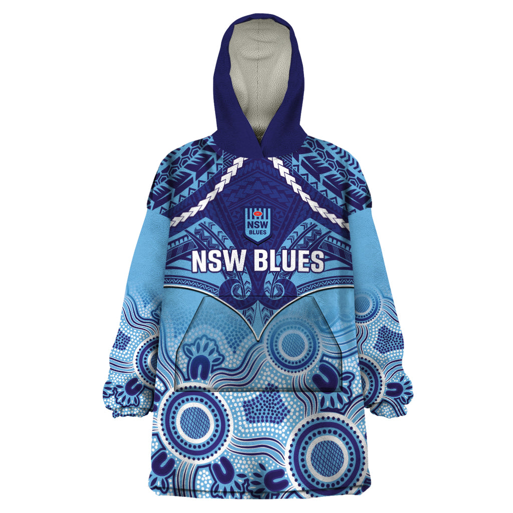 Custom NSW Blues Rugby Wearable Blanket Hoodie Aboriginal Mix Polynesian Pattern - Vibe Hoodie Shop