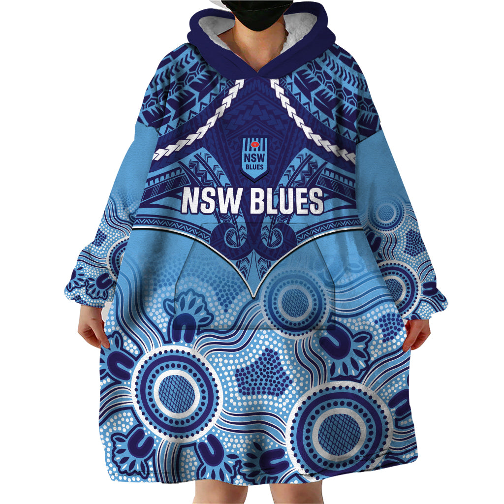 Custom NSW Blues Rugby Wearable Blanket Hoodie Aboriginal Mix Polynesian Pattern - Vibe Hoodie Shop