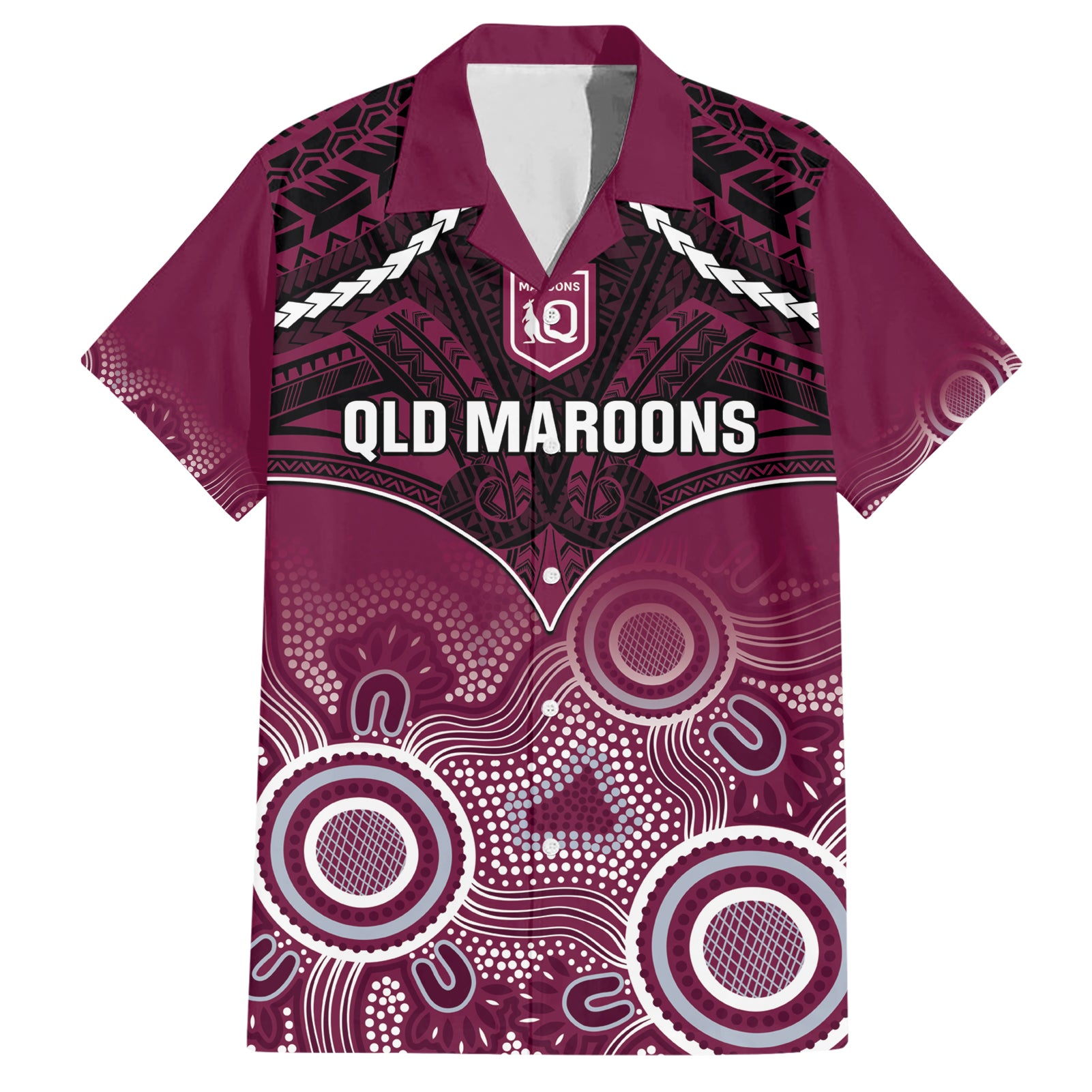 Custom QLD Maroons Rugby Hawaiian Shirt Aboriginal Mix Polynesian Pattern - Vibe Hoodie Shop