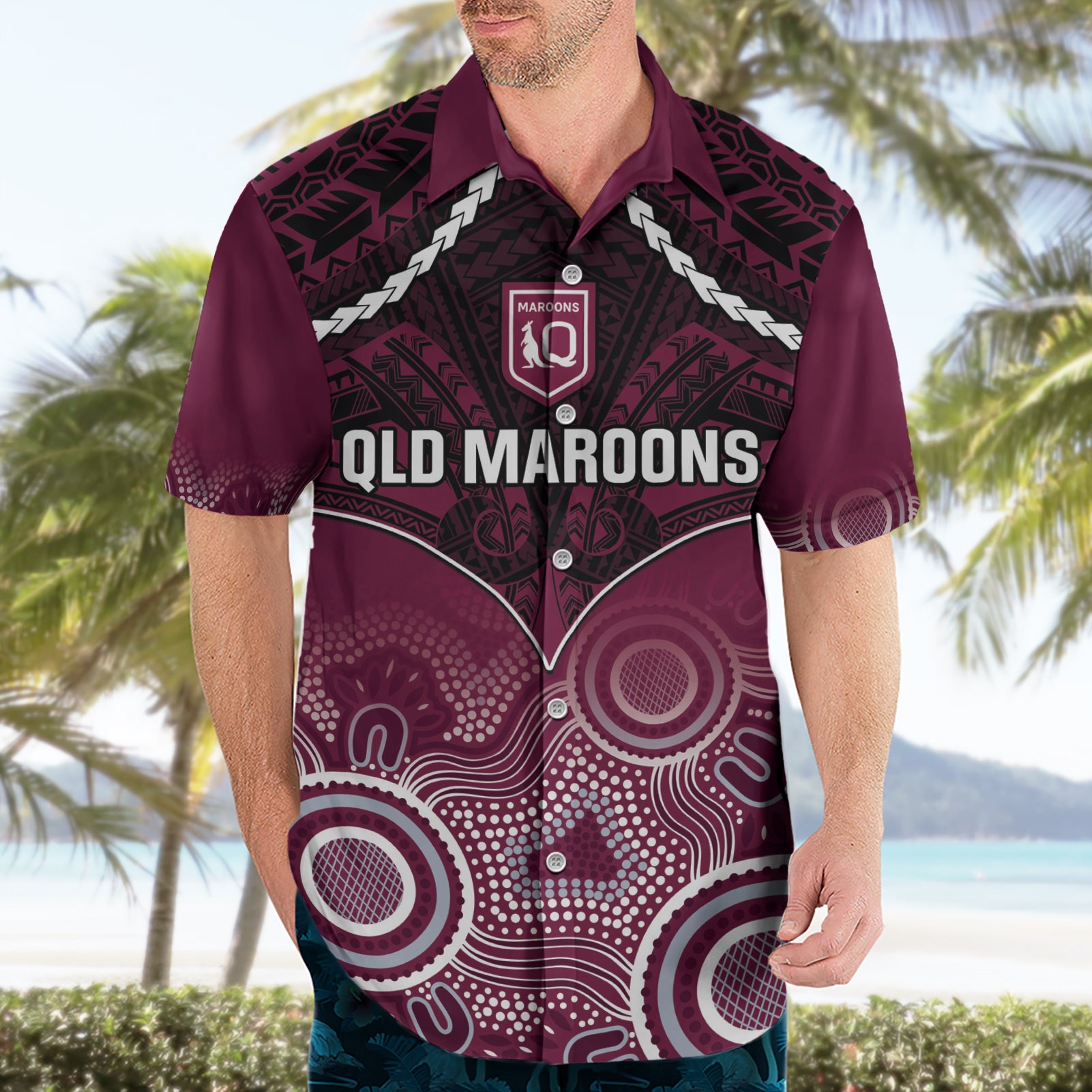 Custom QLD Maroons Rugby Hawaiian Shirt Aboriginal Mix Polynesian Pattern - Vibe Hoodie Shop