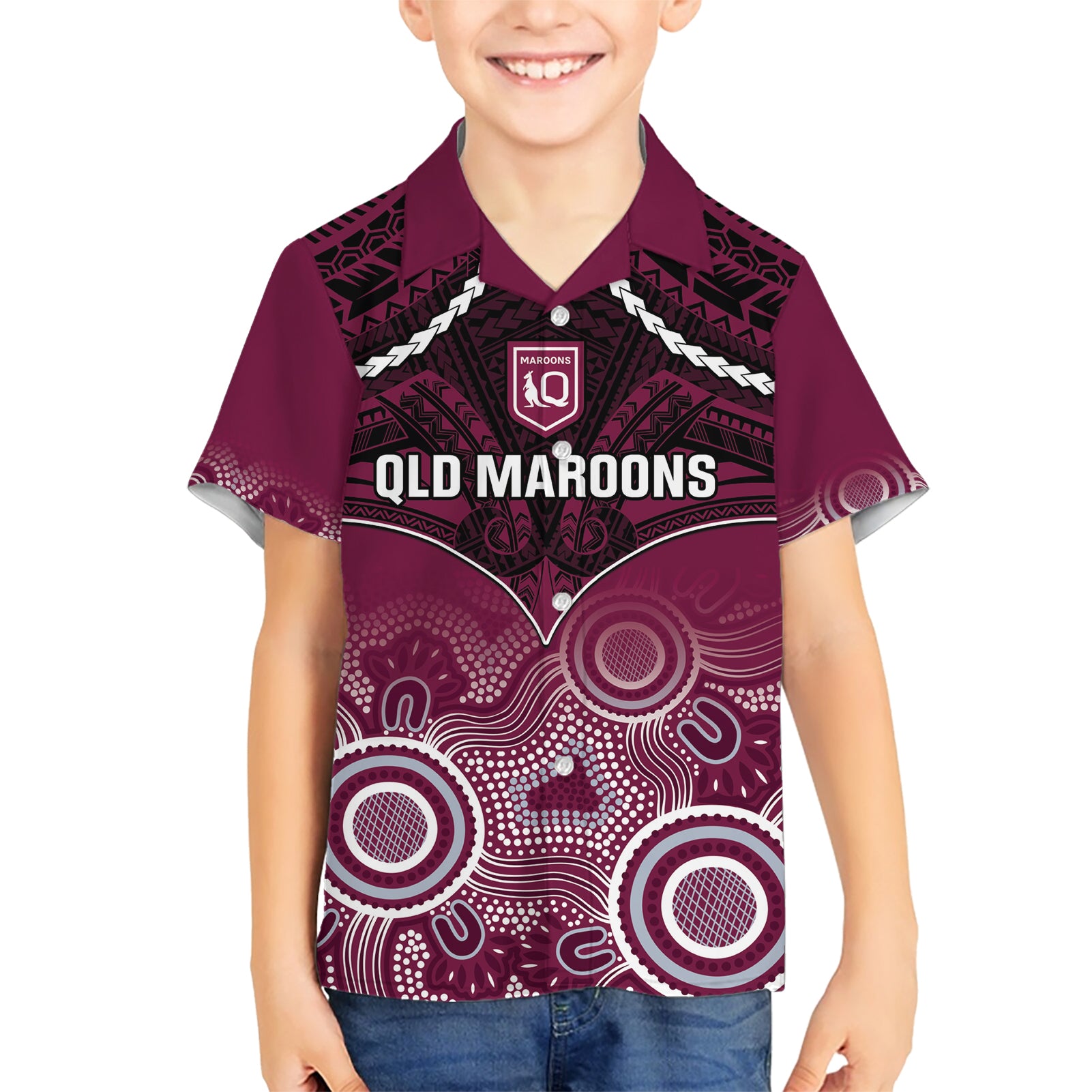 Custom QLD Maroons Rugby Hawaiian Shirt Aboriginal Mix Polynesian Pattern - Vibe Hoodie Shop