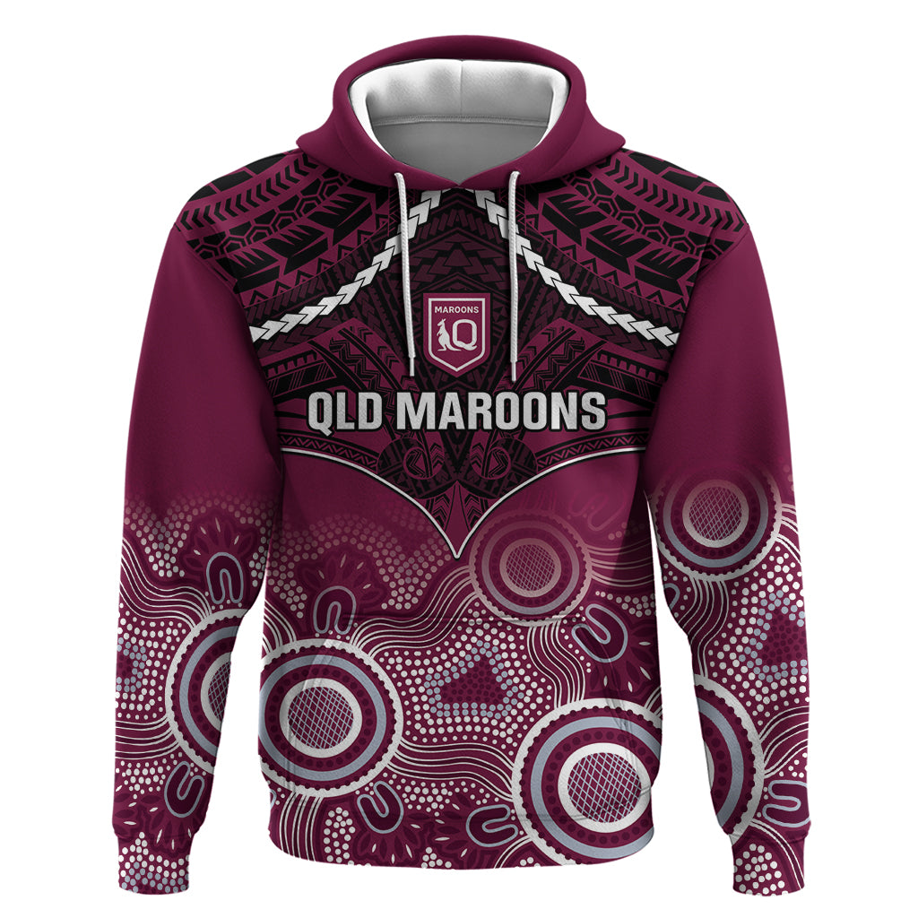 Custom QLD Maroons Rugby Hoodie Aboriginal Mix Polynesian Pattern - Vibe Hoodie Shop