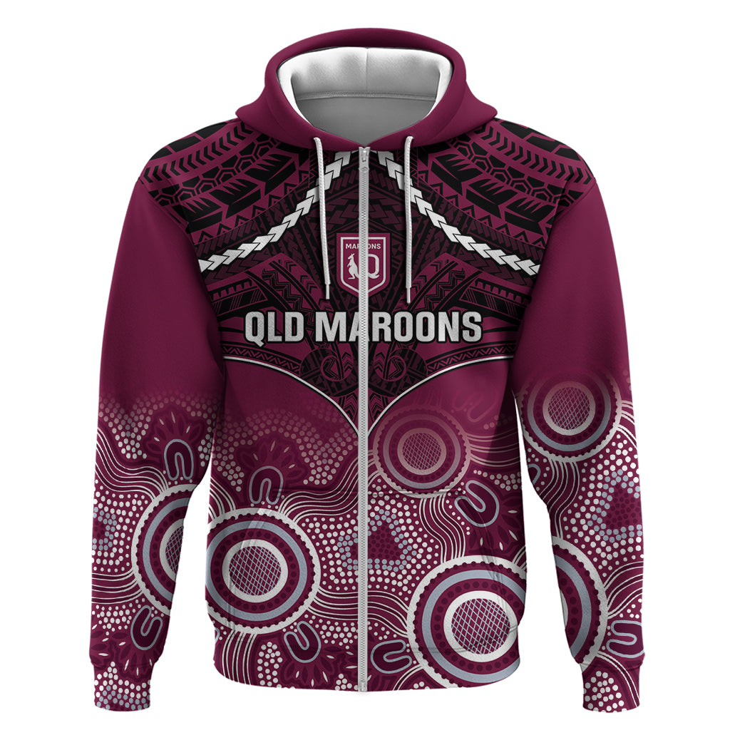 Custom QLD Maroons Rugby Hoodie Aboriginal Mix Polynesian Pattern - Vibe Hoodie Shop