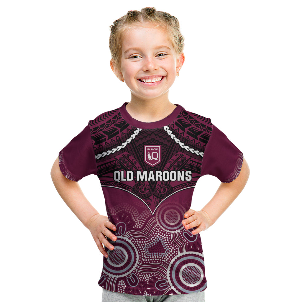 Custom QLD Maroons Rugby Kid T Shirt Aboriginal Mix Polynesian Pattern - Vibe Hoodie Shop