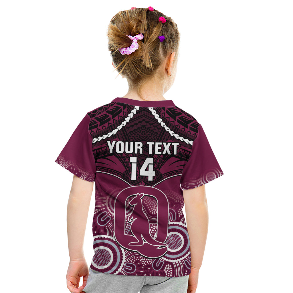 Custom QLD Maroons Rugby Kid T Shirt Aboriginal Mix Polynesian Pattern - Vibe Hoodie Shop