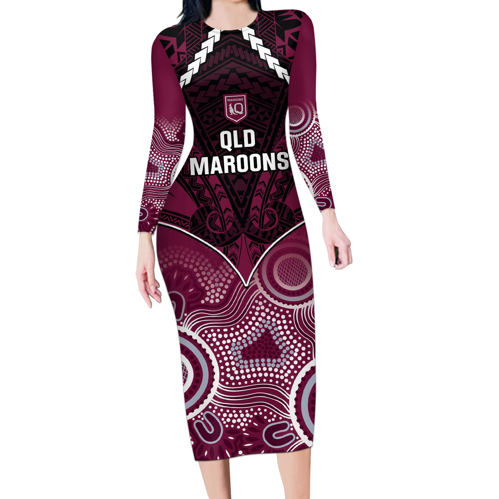 Custom QLD Maroons Rugby Long Sleeve Bodycon Dress Aboriginal Mix Polynesian Pattern