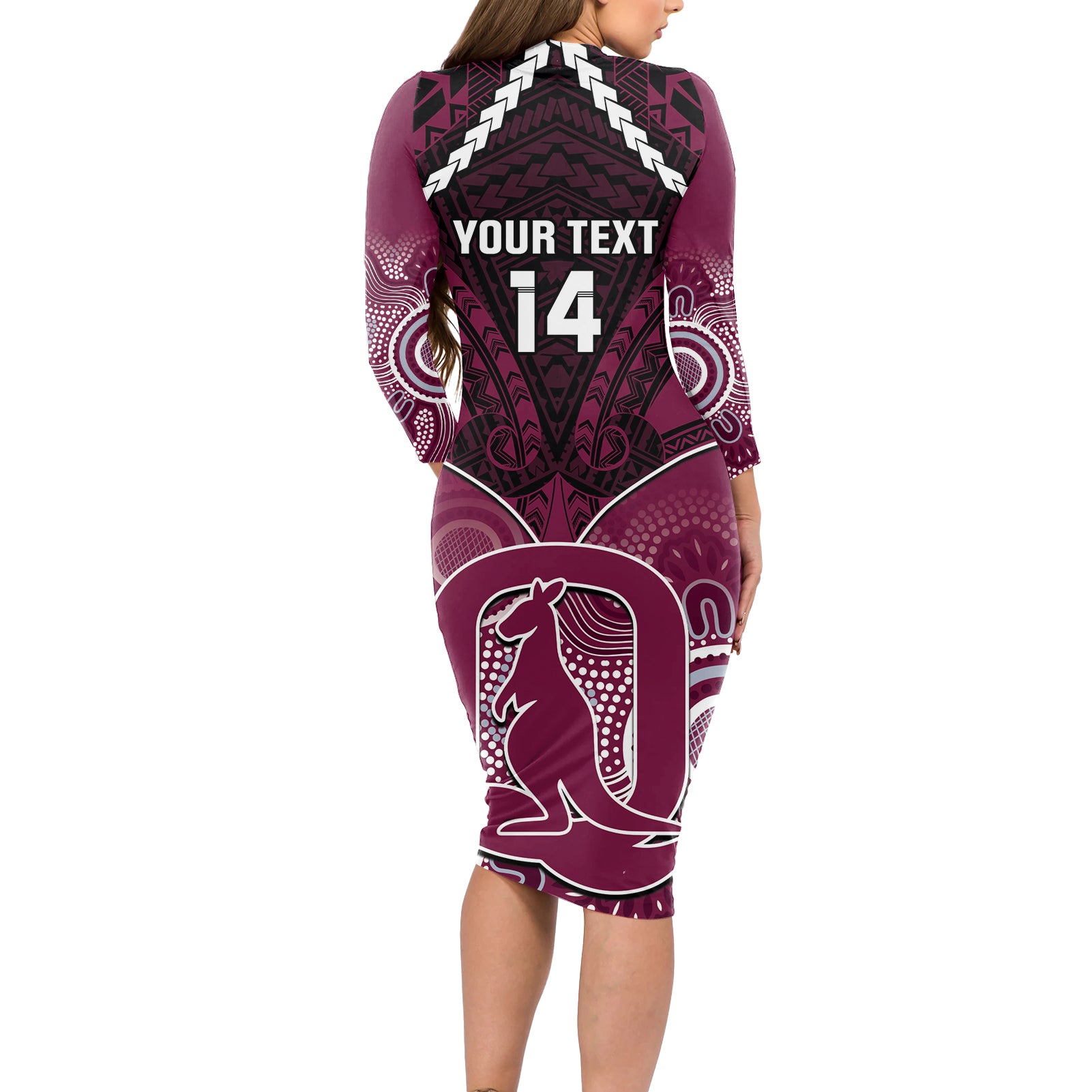 Custom QLD Maroons Rugby Long Sleeve Bodycon Dress Aboriginal Mix Polynesian Pattern