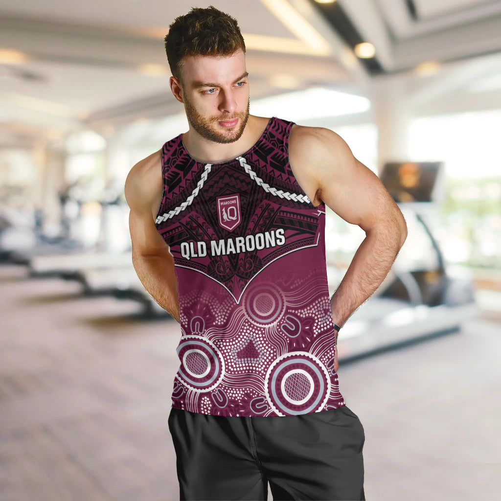 Custom QLD Maroons Rugby Men Tank Top Aboriginal Mix Polynesian Pattern - Vibe Hoodie Shop