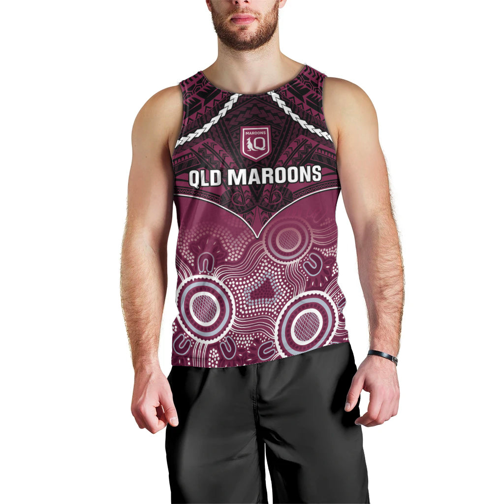 Custom QLD Maroons Rugby Men Tank Top Aboriginal Mix Polynesian Pattern - Vibe Hoodie Shop