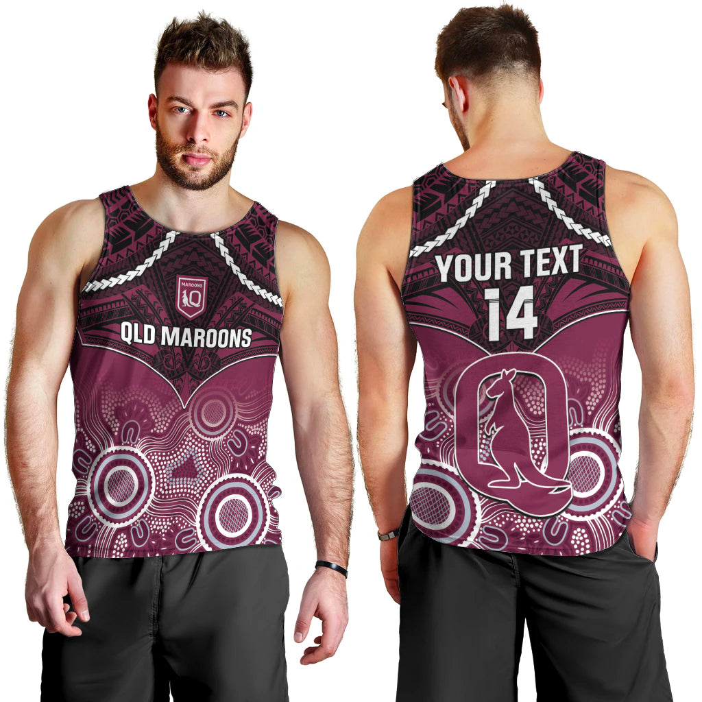 Custom QLD Maroons Rugby Men Tank Top Aboriginal Mix Polynesian Pattern - Vibe Hoodie Shop