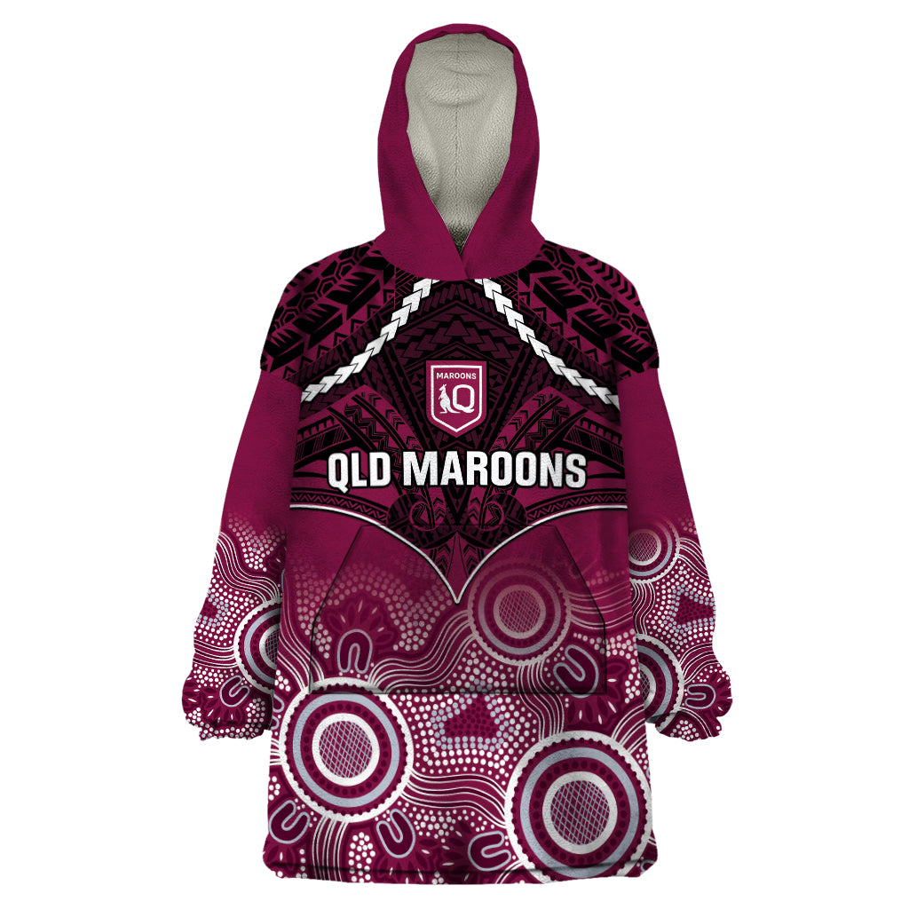 Custom QLD Maroons Rugby Wearable Blanket Hoodie Aboriginal Mix Polynesian Pattern - Vibe Hoodie Shop