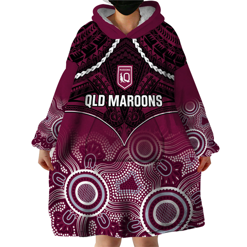 Custom QLD Maroons Rugby Wearable Blanket Hoodie Aboriginal Mix Polynesian Pattern - Vibe Hoodie Shop