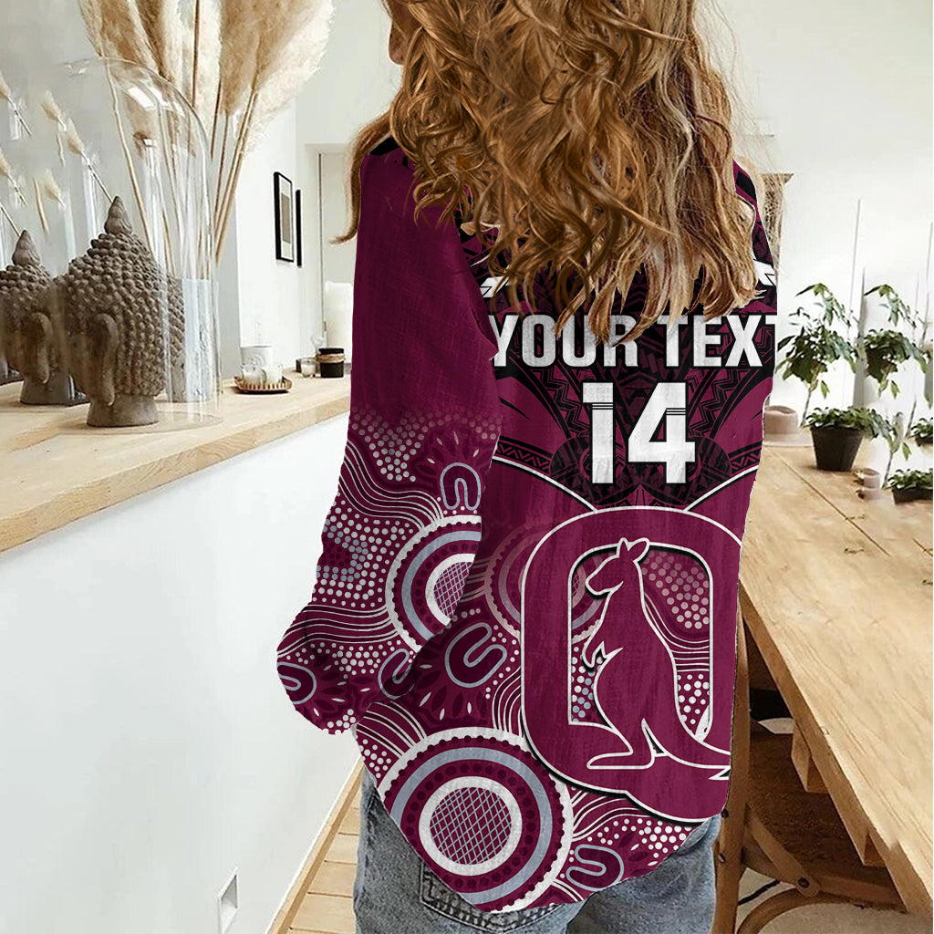 Custom QLD Maroons Rugby Women Casual Shirt Aboriginal Mix Polynesian Pattern - Vibe Hoodie Shop