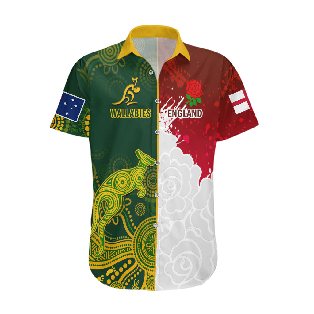 Personalised Australia And England Rugby Hawaiian Shirt Indigenous Wallabies With Red Roses Sporty Version - Vibe Hoodie Shop