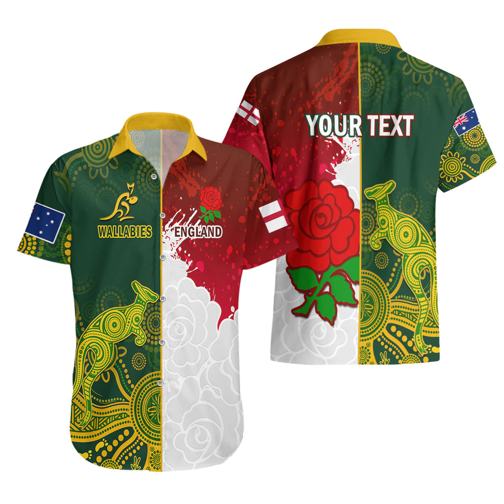 Personalised Australia And England Rugby Hawaiian Shirt Indigenous Wallabies With Red Roses Sporty Version - Vibe Hoodie Shop