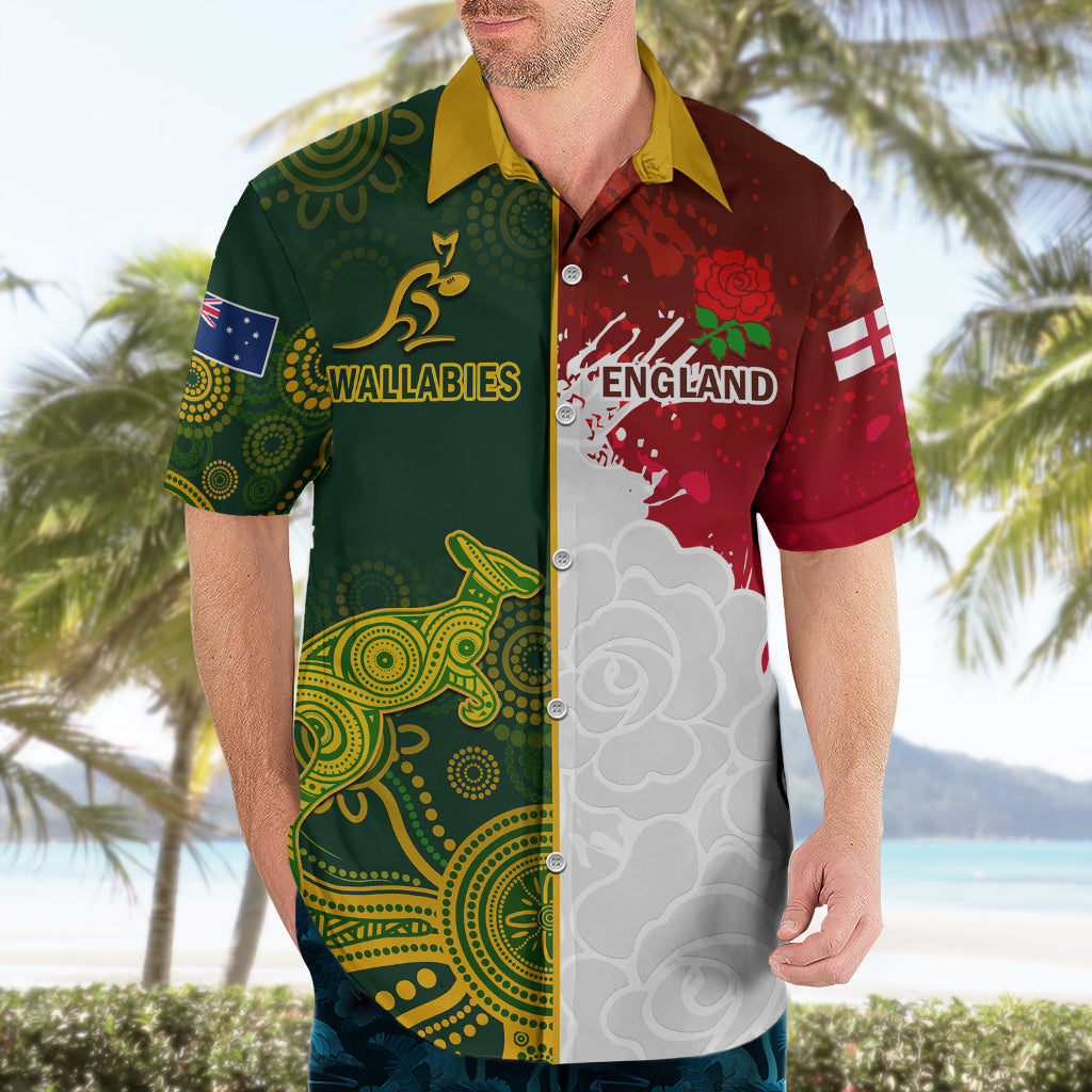 Personalised Australia And England Rugby Hawaiian Shirt Indigenous Wallabies With Red Roses Sporty Version - Vibe Hoodie Shop