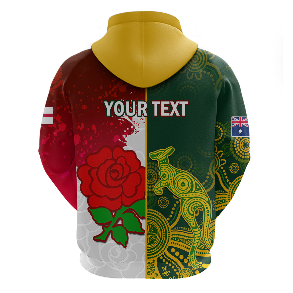 Personalised Australia And England Rugby Hoodie Indigenous Wallabies With Red Roses Sporty Version - Vibe Hoodie Shop