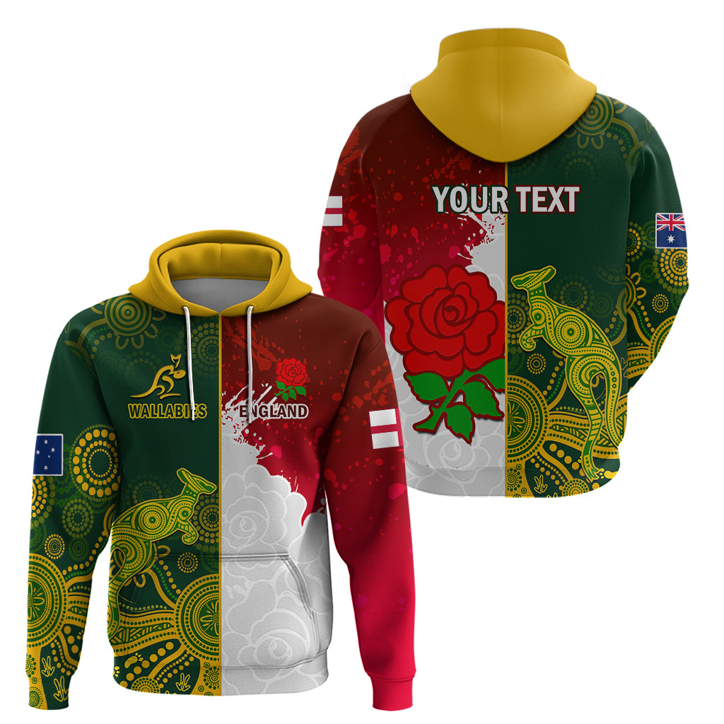 Personalised Australia And England Rugby Hoodie Indigenous Wallabies With Red Roses Sporty Version - Vibe Hoodie Shop