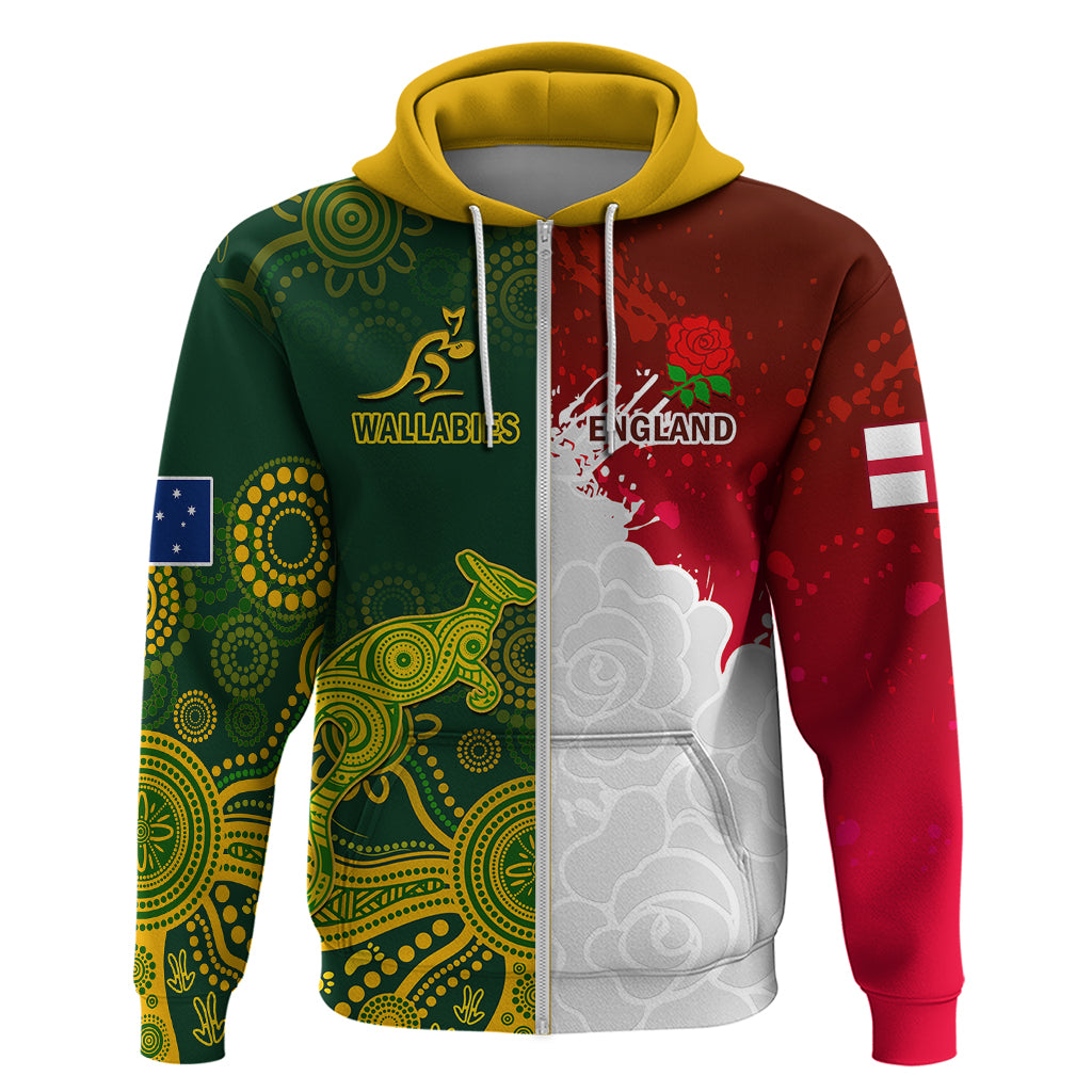 Personalised Australia And England Rugby Hoodie Indigenous Wallabies With Red Roses Sporty Version - Vibe Hoodie Shop