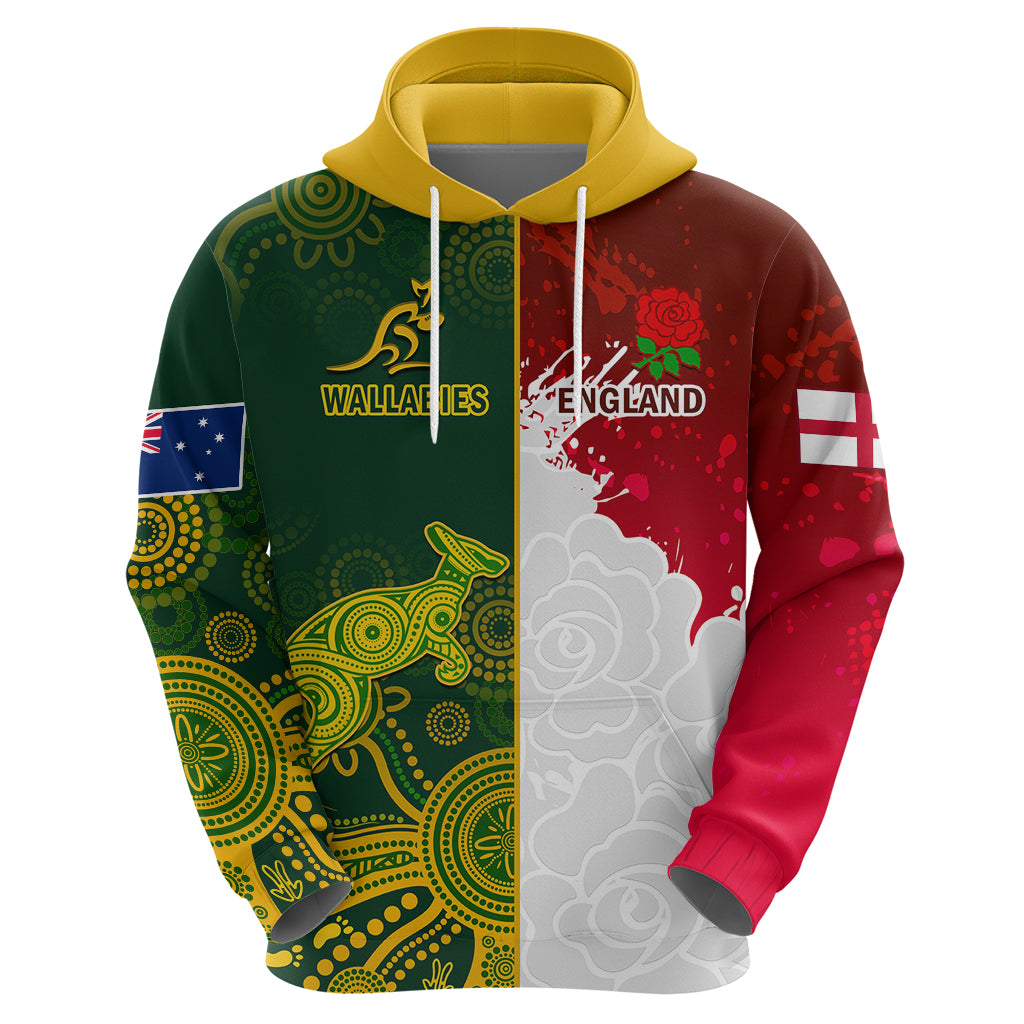 Personalised Australia And England Rugby Hoodie Indigenous Wallabies With Red Roses Sporty Version - Vibe Hoodie Shop