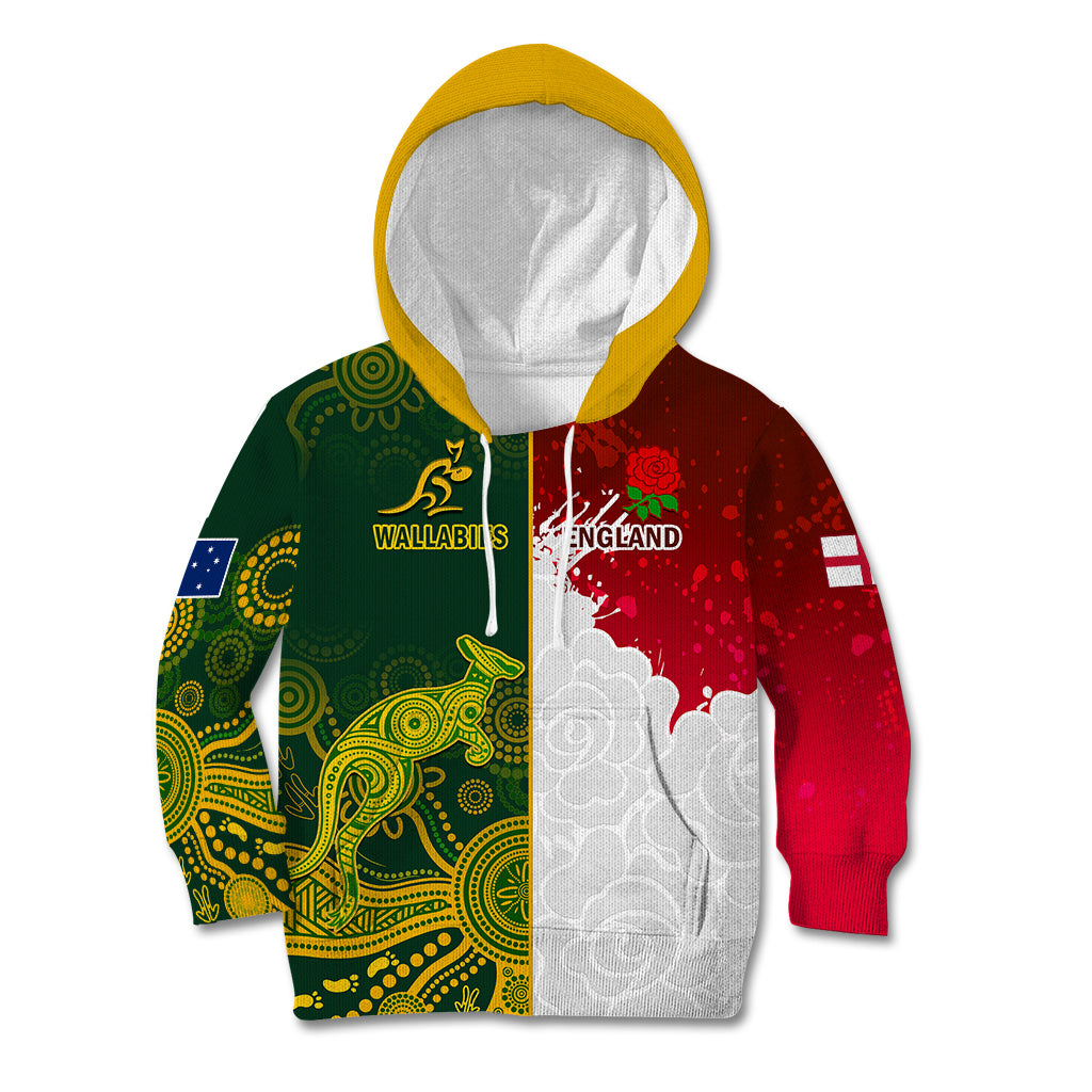 Personalised Australia And England Rugby Kid Hoodie Indigenous Wallabies With Red Roses Sporty Version - Vibe Hoodie Shop