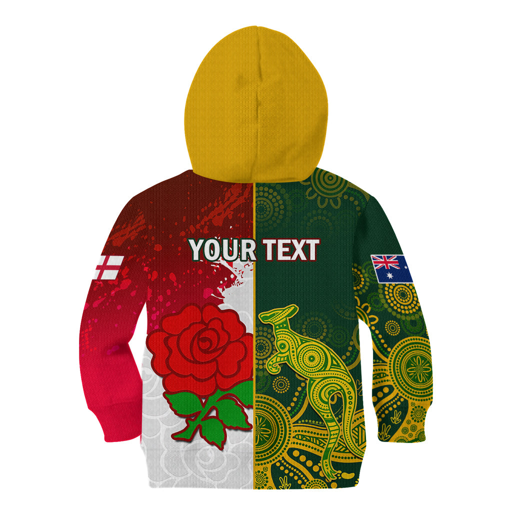 Personalised Australia And England Rugby Kid Hoodie Indigenous Wallabies With Red Roses Sporty Version - Vibe Hoodie Shop