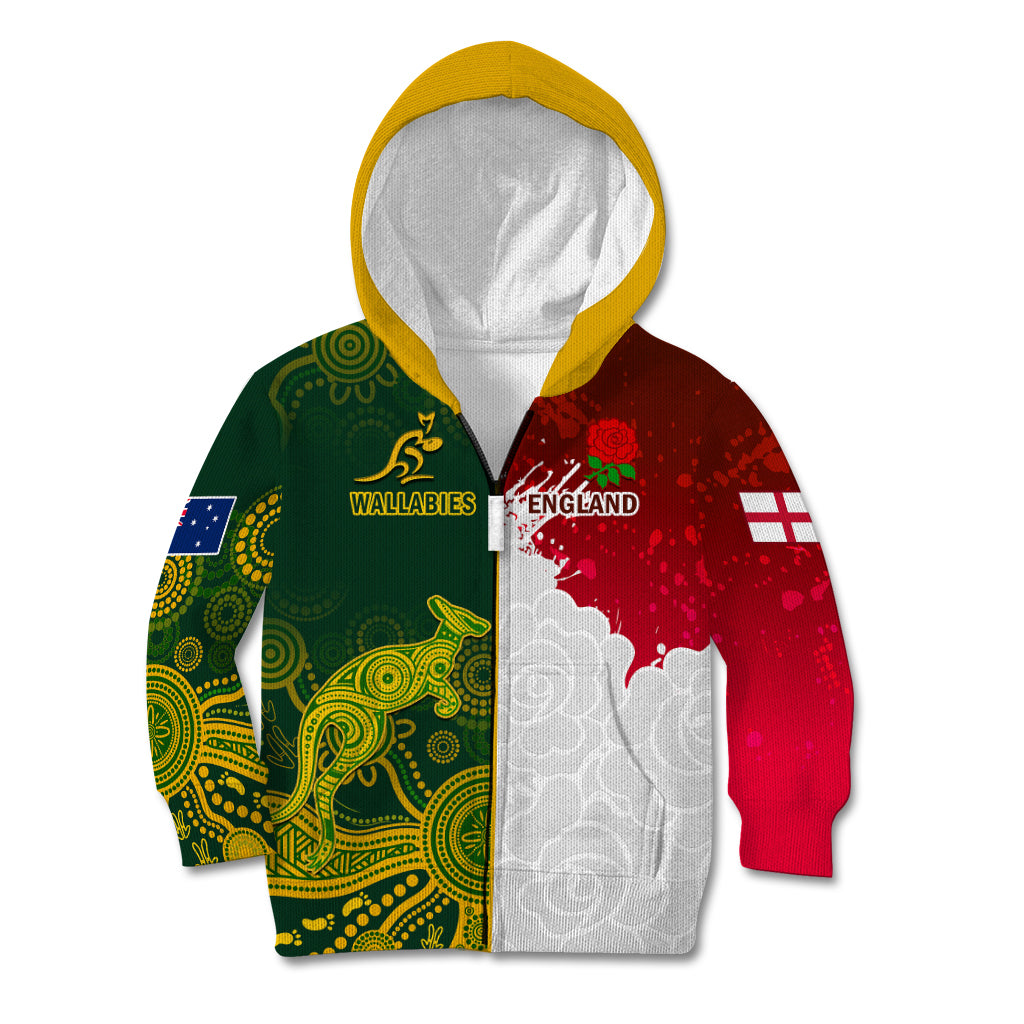 Personalised Australia And England Rugby Kid Hoodie Indigenous Wallabies With Red Roses Sporty Version - Vibe Hoodie Shop