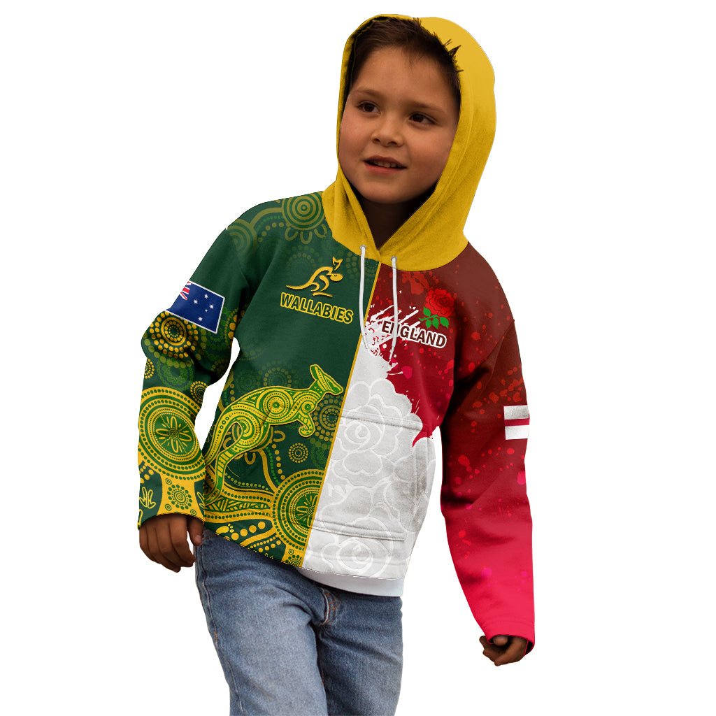 Personalised Australia And England Rugby Kid Hoodie Indigenous Wallabies With Red Roses Sporty Version - Vibe Hoodie Shop