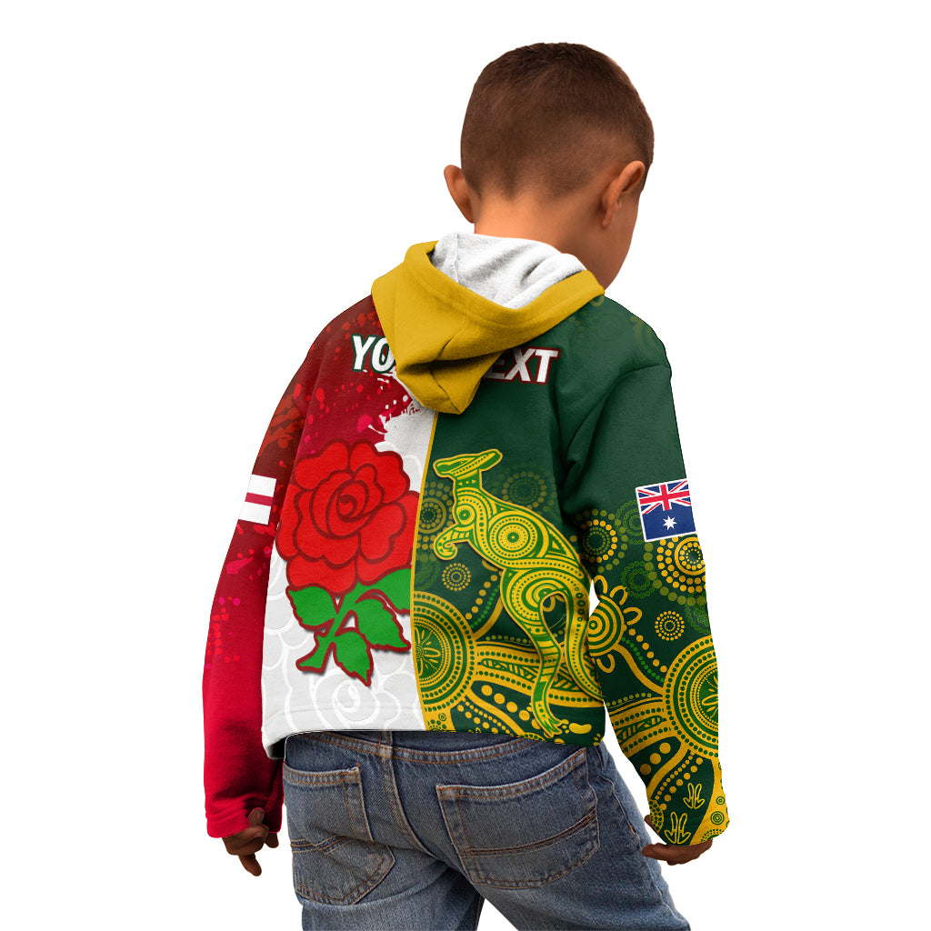 Personalised Australia And England Rugby Kid Hoodie Indigenous Wallabies With Red Roses Sporty Version - Vibe Hoodie Shop