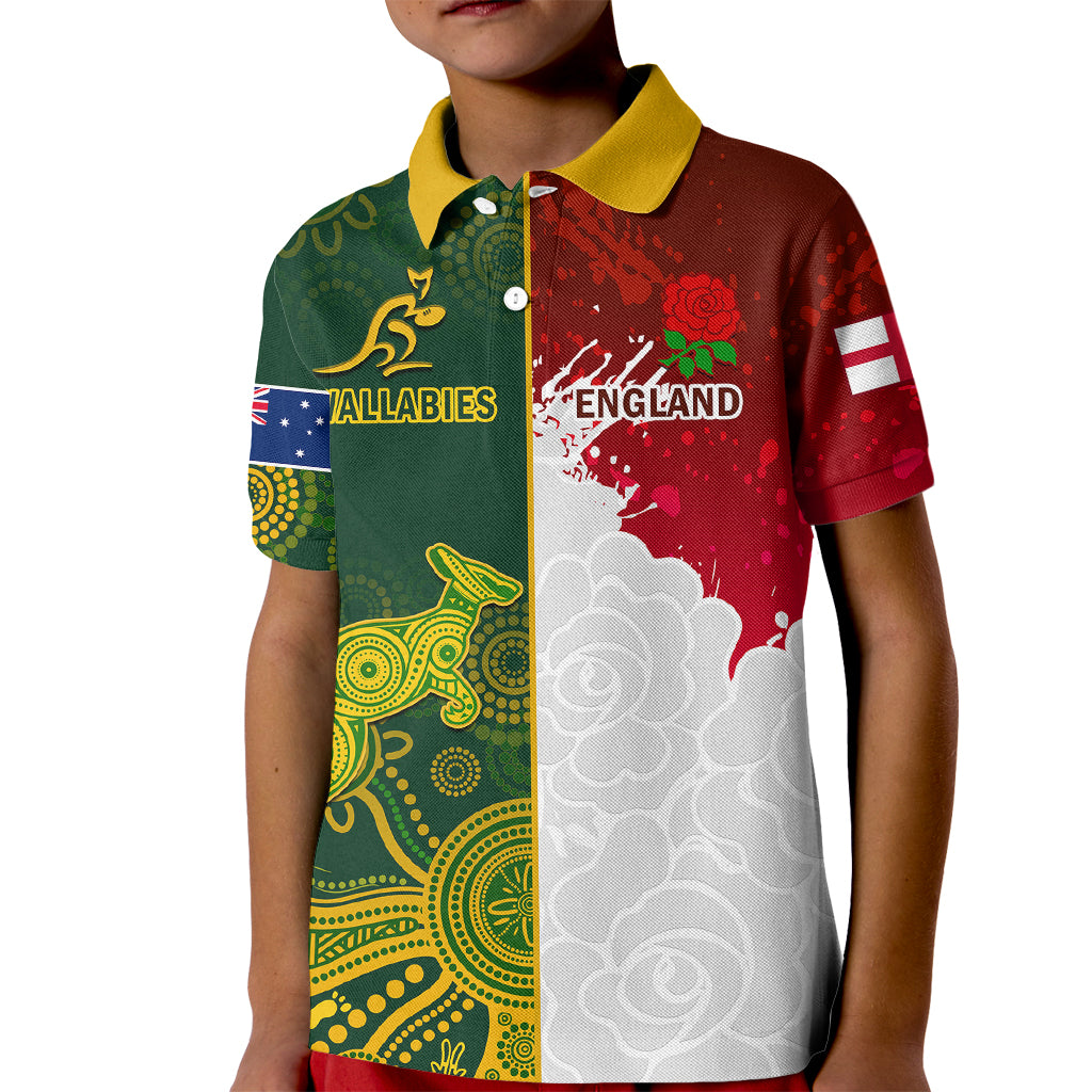 Personalised Australia And England Rugby Kid Polo Shirt Indigenous Wallabies With Red Roses Sporty Version - Vibe Hoodie Shop