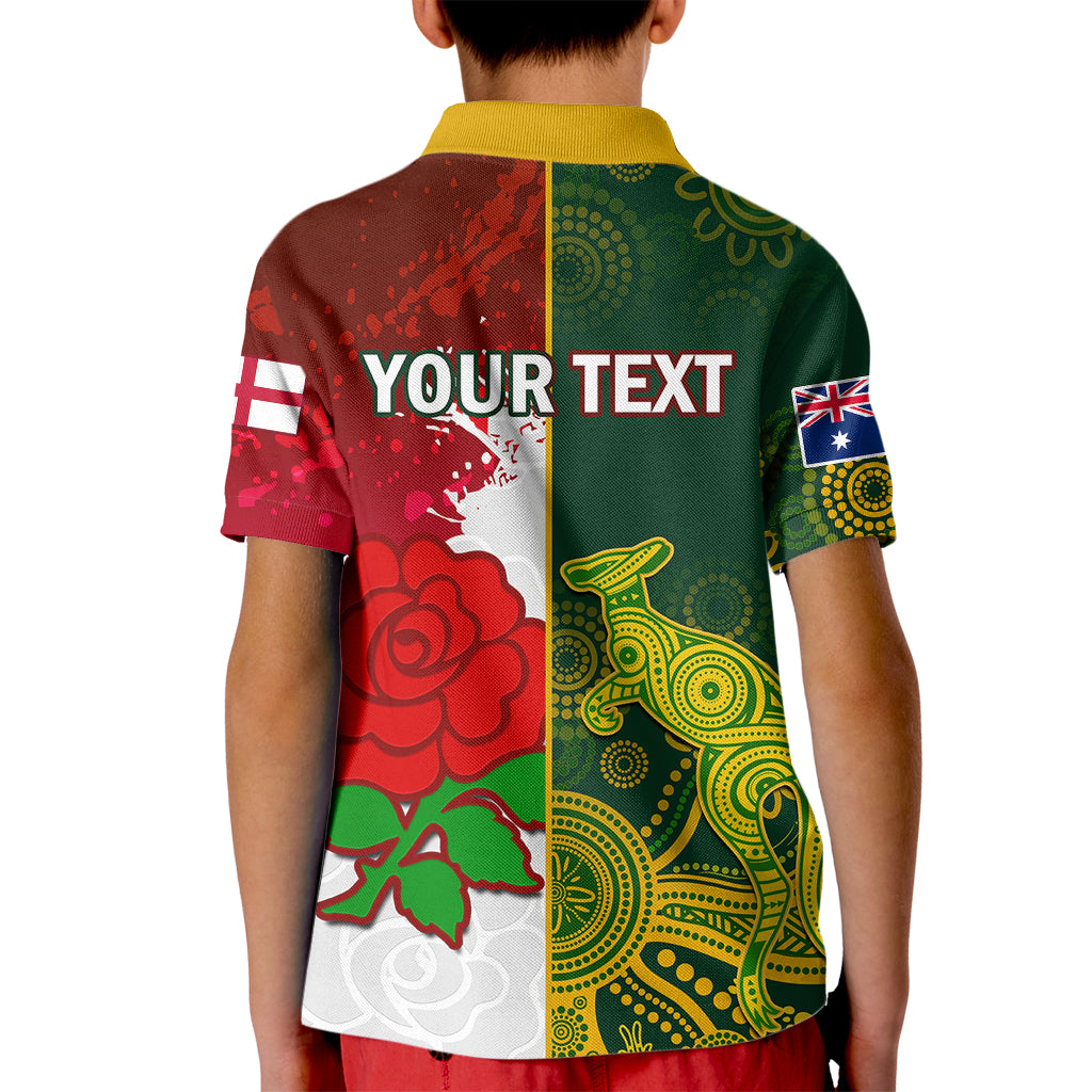 Personalised Australia And England Rugby Kid Polo Shirt Indigenous Wallabies With Red Roses Sporty Version - Vibe Hoodie Shop