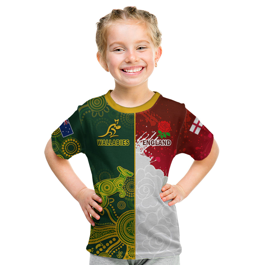 Personalised Australia And England Rugby Kid T Shirt Indigenous Wallabies With Red Roses Sporty Version - Vibe Hoodie Shop