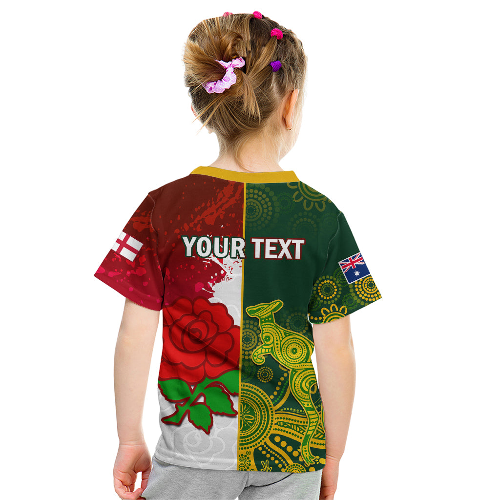 Personalised Australia And England Rugby Kid T Shirt Indigenous Wallabies With Red Roses Sporty Version - Vibe Hoodie Shop