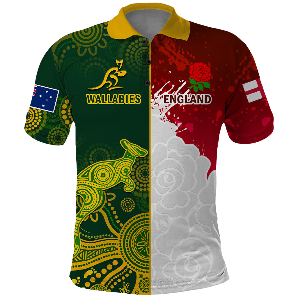 Personalised Australia And England Rugby Polo Shirt Indigenous Wallabies With Red Roses Sporty Version - Vibe Hoodie Shop