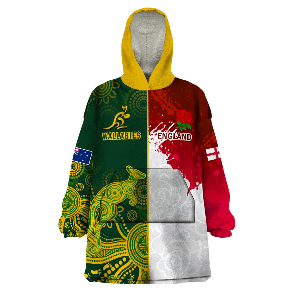 Personalised Australia And England Rugby Wearable Blanket Hoodie Indigenous Wallabies With Red Roses Sporty Version - Vibe Hoodie Shop